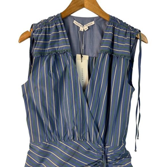 NWT Veronica Beard Teagan Stripe Ruched V-Neck Midi Dress Blue Size 6 Side Slit - Picture 4 of 16